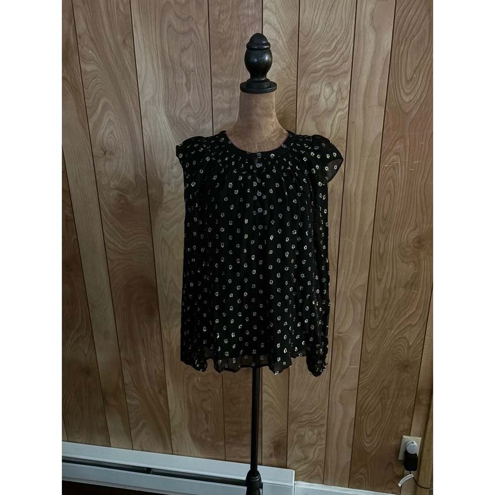 LOFT Womens‎ XS Black Metallic Clip Dot Ruffle Flutter Sleeve Blouse Top Holiday